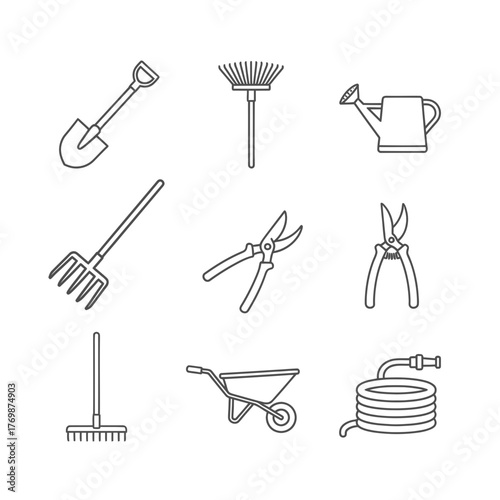 Essential gardening tools line art ready for spring planting, featuring a shovel, rake, watering can, pruners, wheelbarrow, and hose for creating a beautiful outdoor space