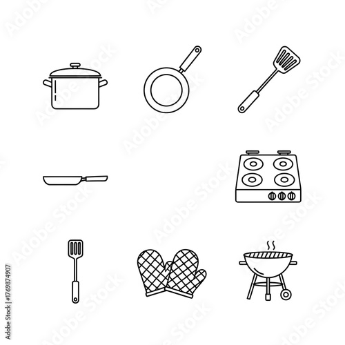 Cooking Essentials Line Art Collection for Culinary Projects, Featuring Pot, Pan, Spatula, Stove, Oven Mitts and Grill, Perfect for Recipe Illustrations and Kitchen Themes