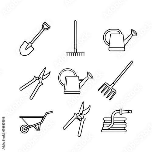 Essential Gardening Tools Line Art Collection for Spring Projects - Shovel, Rake, Watering Can, Pruners, Wheelbarrow, Hose - Perfect for Garden Center Marketing and DIY Guides