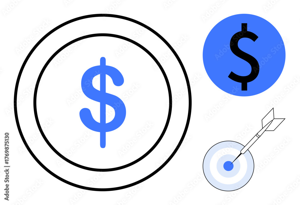 Obraz premium Large dollar sign inside circular frame, blue dollar sign circle, arrow hitting bullseye. Ideal for finance, investment, business growth, marketing strategy, goal setting, success revenue planning