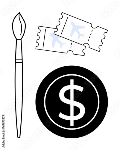 Paintbrush, airfare tickets, and dollar sign representing budgeting for travel, artistry, or creative pursuits. Ideal for travel savings, budgeting, finances, creativity art funding lifestyle