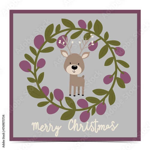 Merry Christmas - cute greeting card, postcard, invitation with adorable reindeer inside of the beautiful wreath, blue background, vector illustration