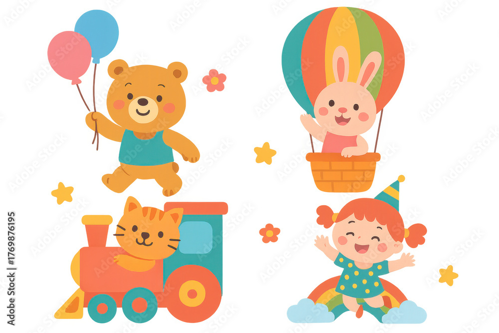 Fototapeta premium Happy cartoon characters celebrating birthday with bear holding balloons, rabbit in hot air balloon, cat on train, and girl on rainbow, transparent background