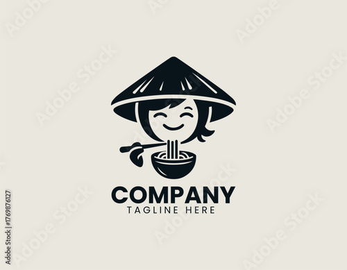 Cute Vietnamese girl eating noodles with chopsticks vector logo illustration design