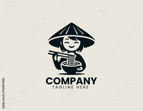 Cute Vietnamese girl eating noodles with chopsticks vector logo illustration design