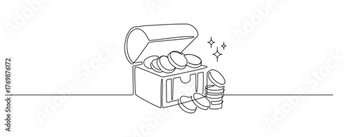 One continuous line drawing an open Treasure Chest. Pirates wooden box with golden coins in simple linear style. Full old money in Editable stroke. Doodle contour vector illustration
