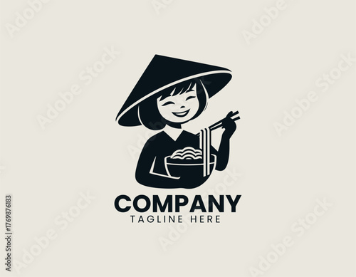 Cute Vietnamese girl eating noodles with chopsticks vector logo illustration design