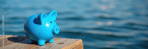 A bright blue piggy bank rests on a weathered wooden pier overlooking calm water, investment, financial