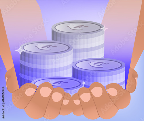 Illustration of hands holding stacks of coins, representing wealth and financial security.
