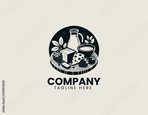 Vector illustration of assorted cheese and milk products on wooden board in modern style