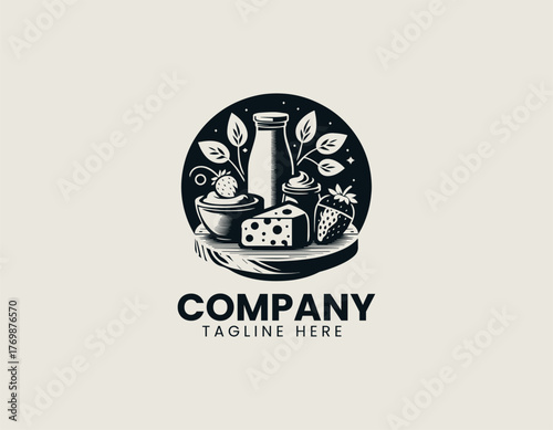 Vector illustration of assorted cheese and milk products on wooden board in modern style