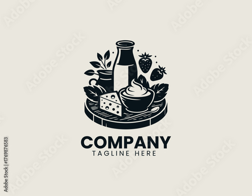 Vector illustration of assorted cheese and milk products on wooden board in modern style