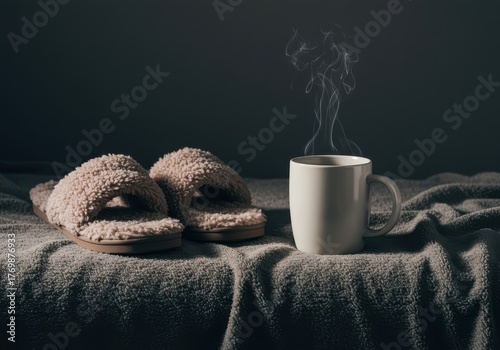 A tranquil scene emphasizing comfort, featuring fuzzy slippers and a steaming mug of hot drink resting on a plush textile, perfect for unwinding and resting ,slow ,beverage ,selfcare