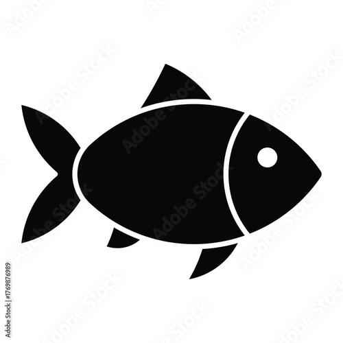 Fish vector icon. Black silhouette of swimming fish with fins and tail. Simple aquatic animal symbol for seafood, fishing, or marine design.