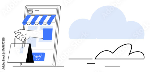 Hand holding shopping bags emerging from a mobile storefront with awning and blue shopping cart button. Ideal for online shopping, retail, delivery, e-commerce, cloud services, convenience, digital