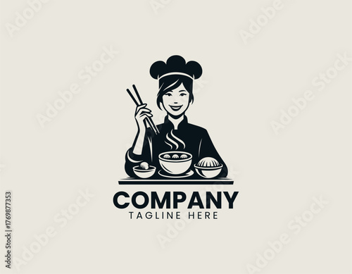 Female chef holding chopsticks serving dumplings in warm cartoon vector illustration