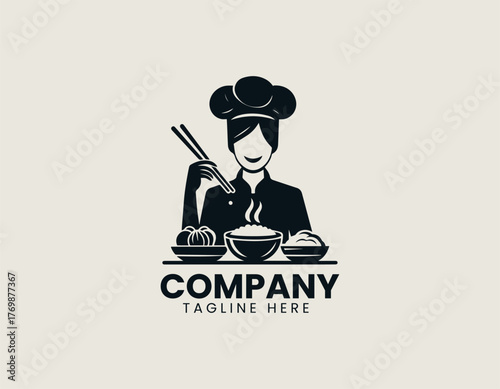Female chef holding chopsticks serving dumplings in warm cartoon vector illustration