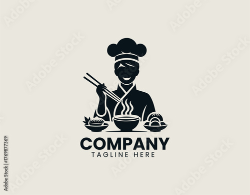 Female chef holding chopsticks serving dumplings in warm cartoon vector illustration