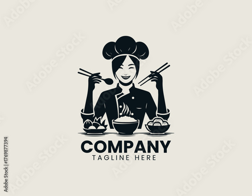 Female chef holding chopsticks serving dumplings in warm cartoon vector illustration