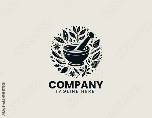 Vintage hand drawn vector illustration of mortar and pestle with herbs and spices