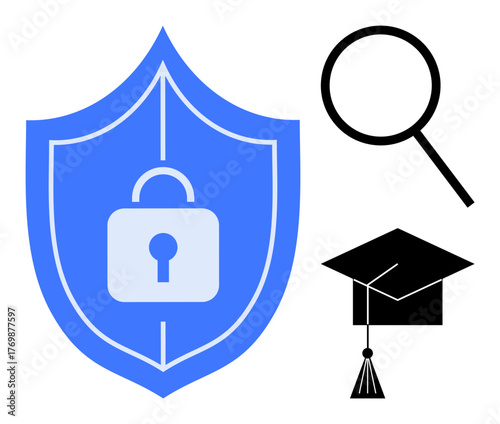 Blue shield with white lock icon, magnifying glass, and graduation cap. Ideal for education, online security, research, data protection, learning cybersecurity privacy. Simple flat metaphor