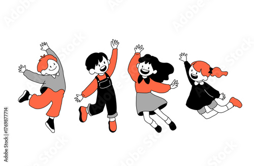 Happy jumping kids illustration, cute children celebrating with joy, minimal hand-drawn style