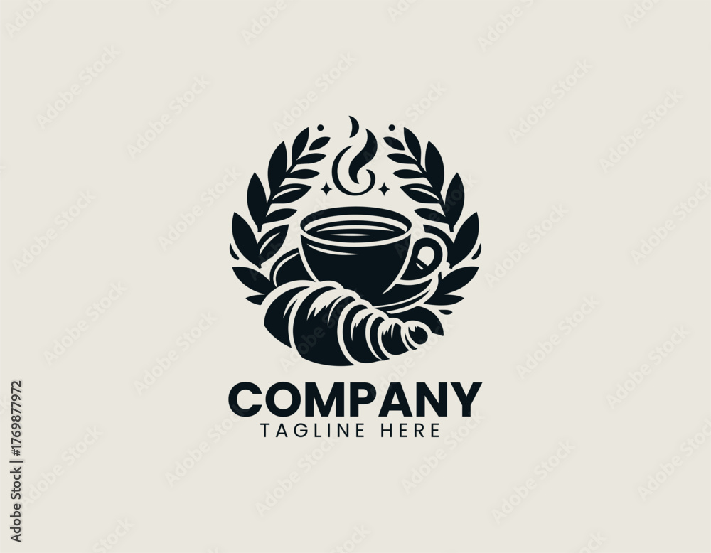 Fototapeta premium Vector illustration of coffee cup with croissant and leaves in elegant vintage sketch style
