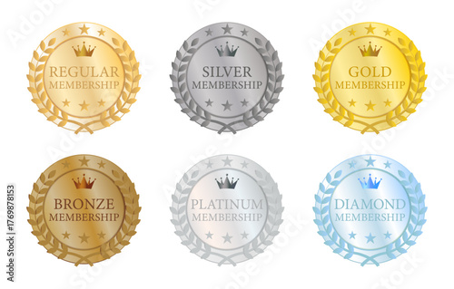 リース状の装飾を施した6段階の会員ランクメダルセット｜金・銀・銅・プラチナ・ダイヤモンドなどの高級感あるメンバーシップバッジ（ベクター素材）