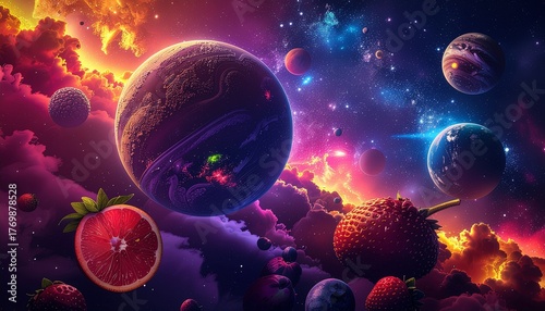 Fruits are flying around the galaxy. 