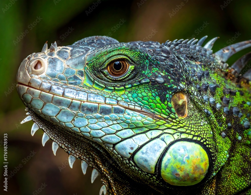 Obraz premium Close-up side profile of a vibrant green lizard with detailed scales