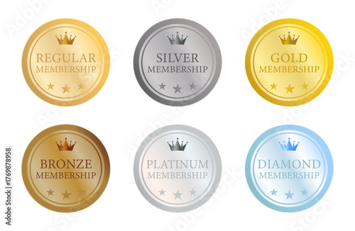 シンプルでフラットな円形デザインの会員ランクバッジ6種セット｜金・銀・銅・プラチナ・ダイヤモンドをモチーフにした上品なメンバーシップアイコン
