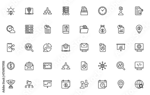 Project management icon set. Vector illustration. Inludes symbols for idea, neworking, analytics, presenation, team, calendar, strtegy, coding and more. Ediable stroke.