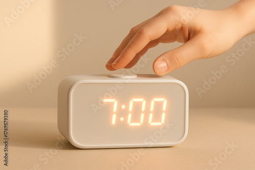 Hand reaching to turn off digital alarm clock at 7 am on bedside table in morning light, minimal bedroom routine concept