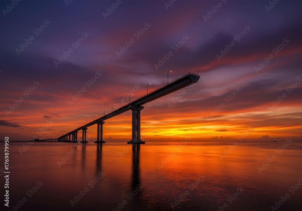Fototapeta premium Massive structural engineering marvel over a vast coastal waterway, bathed in warm, dramatic orange and purple hues of the tropical evening sky ,evening ,sunset ,cable stayed