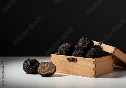 Luxurious black truffles displayed inside a decorative wooden box resting on a clean white surface for culinary use and high-end gifting ,close-up ,rare ,black truffles
