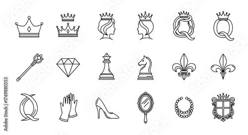 Collection of elegant line art icons representing royalty and luxury, including various crowns, a queen's profile, the letter Q, a scepter, a diamond, chess pieces, fleur-de-lis, gloves, a high heel