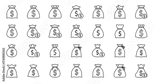Money Bag Outline Icon Collection: A versatile set of editable stroke icons featuring money bags with dollar signs, perfect for infographics, articles, books, flyers, and banners. This vector cartoon