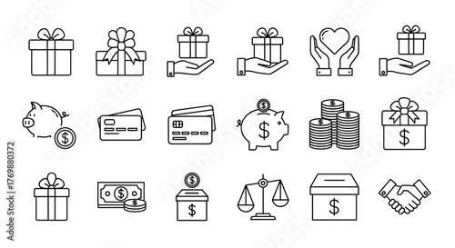 A collection of outline icons representing financial concepts and charitable giving, including gifts, presents, hands holding hearts, piggy banks, credit cards, stacks of coins, donation boxes