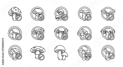Set of stylized line art icons depicting various mushrooms with prohibition signs, symbolizing no mushrooms, forbidden fungi, or restricted mushroom consumption, presented as a vector cartoon