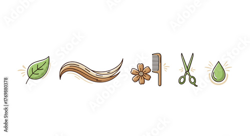 Set of stylized icons representing natural hair care and beauty salon services, including a green leaf, flowing hair, a flower, a comb, scissors, and a drop of liquid, perfect for branding and design