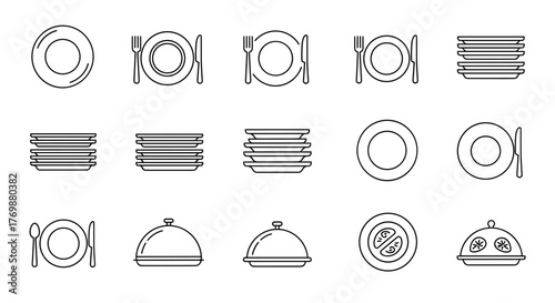 Minimalistic linear icon bundle featuring plates, cutlery, and serving dishes, perfect for web and graphic design, apps, banners, social networks, and cards. This vector cartoon illustration set