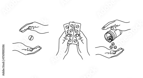 Minimalistic thin outline icon set illustrating hands holding and dispensing pills, representing medication, healthcare, and pharmaceutical concepts, suitable for web, graphic design, apps, banners