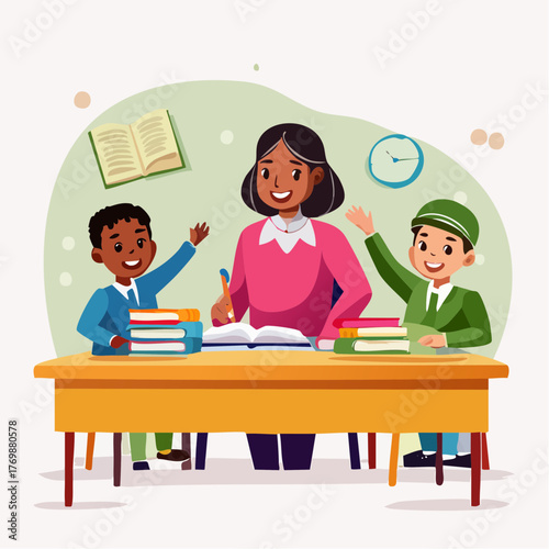 An illustration of a dedicated teacher guiding two enthusiastic and diverse young students in a positive classroom setting