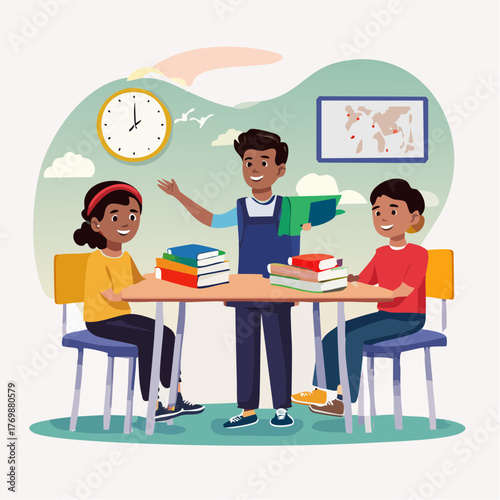 A vibrant illustration of young diverse students collaborating on a school project, learning together in a bright and cheerful classroom environment