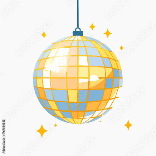 Sparkling disco ball reflecting golden and blue light, symbolizing celebration, party, and nightlife