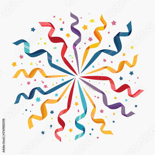 Colorful streamers and confetti exploding outwards in a festive celebration pattern
