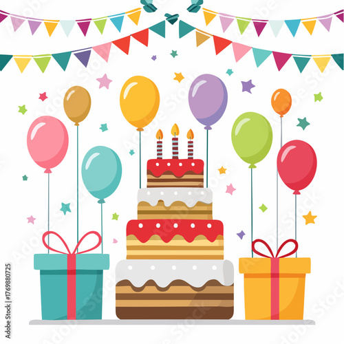 Festive Birthday Celebration Illustration Cake, Balloons, and Presents for a Joyful Occasion