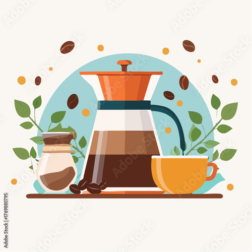 Coffee brewing illustration A modern design featuring a coffee maker, cup, and beans for the perfect morning start