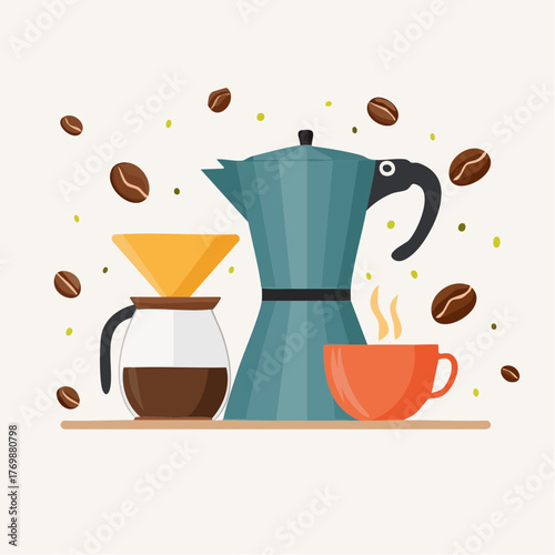 Illustrated coffee brewing setup featuring a pour-over dripper, moka pot, and a steaming mug, surrounded by coffee beans