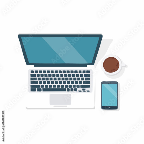 Top View of Laptop, Smartphone, and Coffee Cup on White Workspace